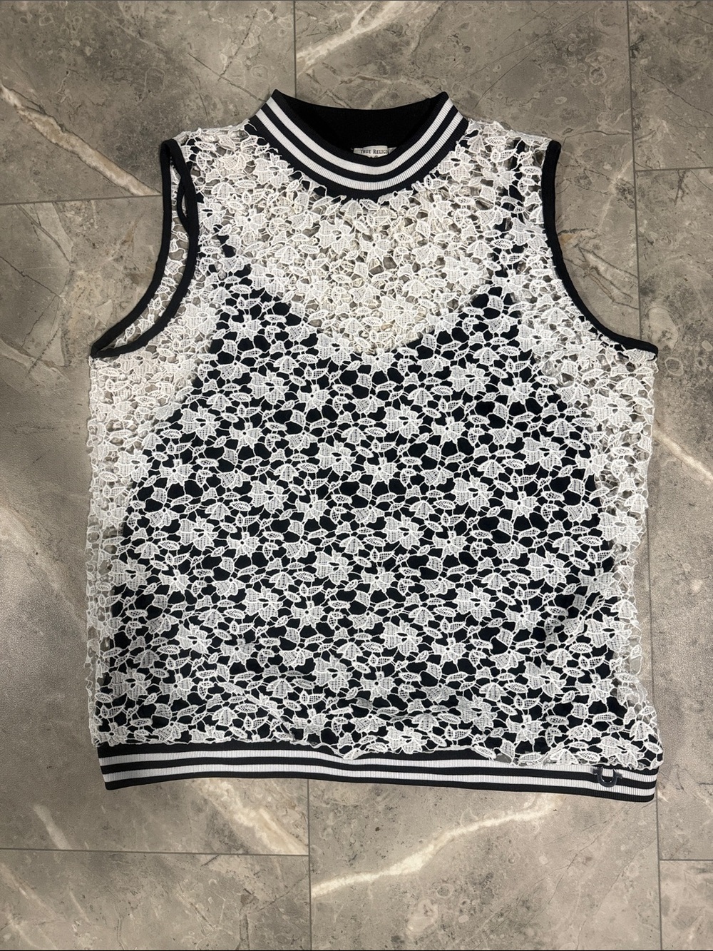 True Religion Black and White Lace Sleeveless Shell